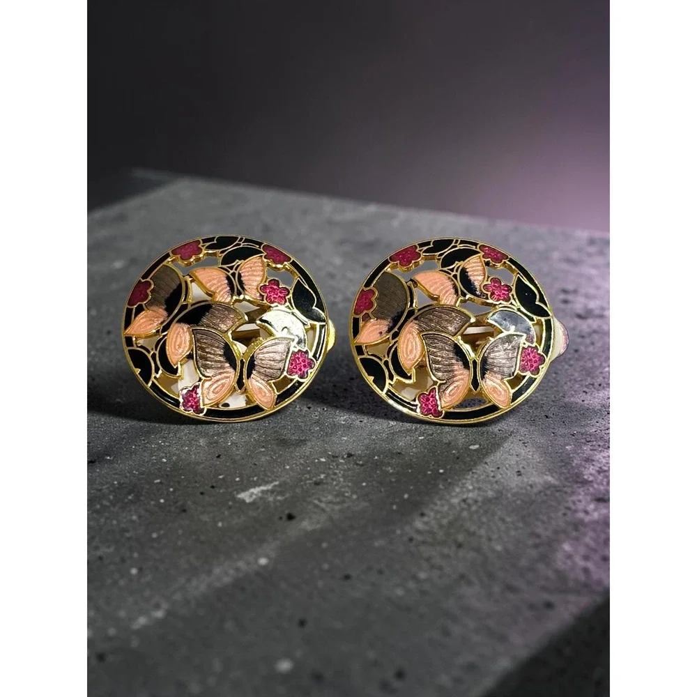 Vintage Enamel Cloisonne Butterfly Clip On Earrings Gold Tone Colorful